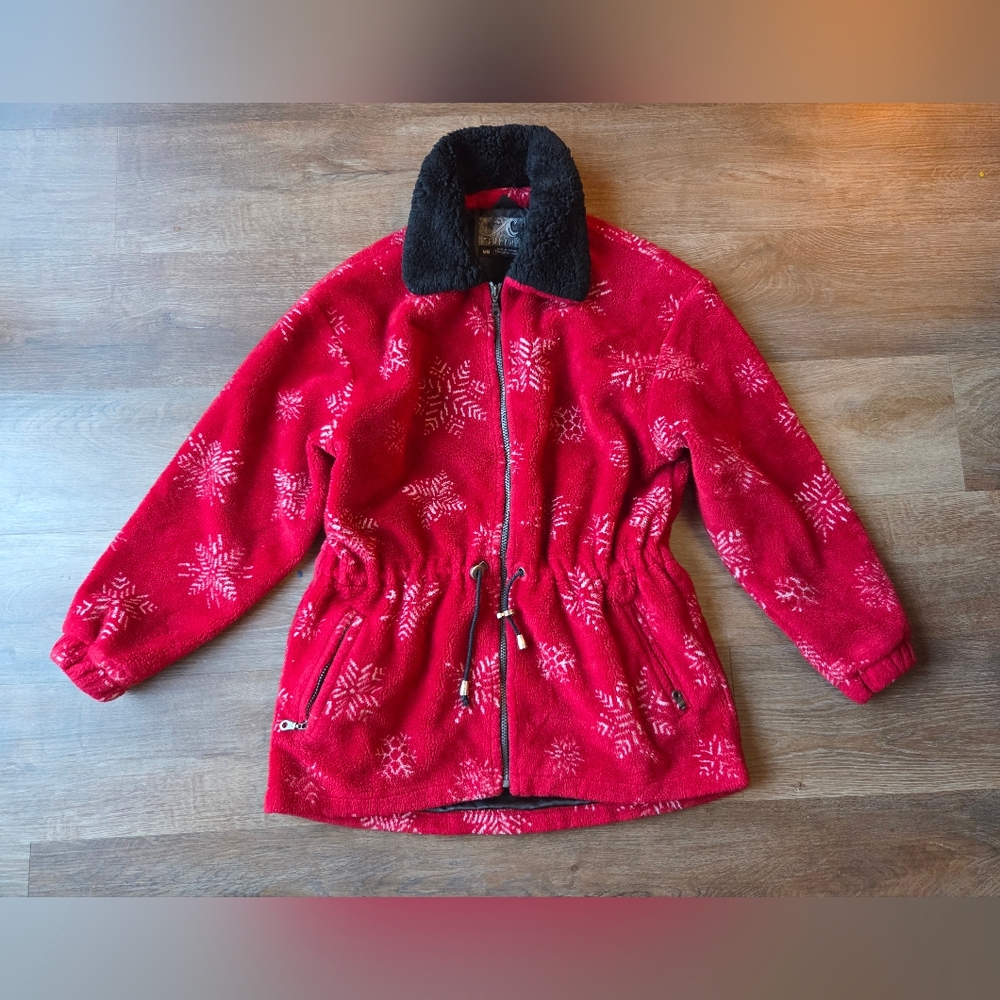 Vintage 90s Tsumani Red Snowflake Fuzzy Collared Winter Jacket Womens size M